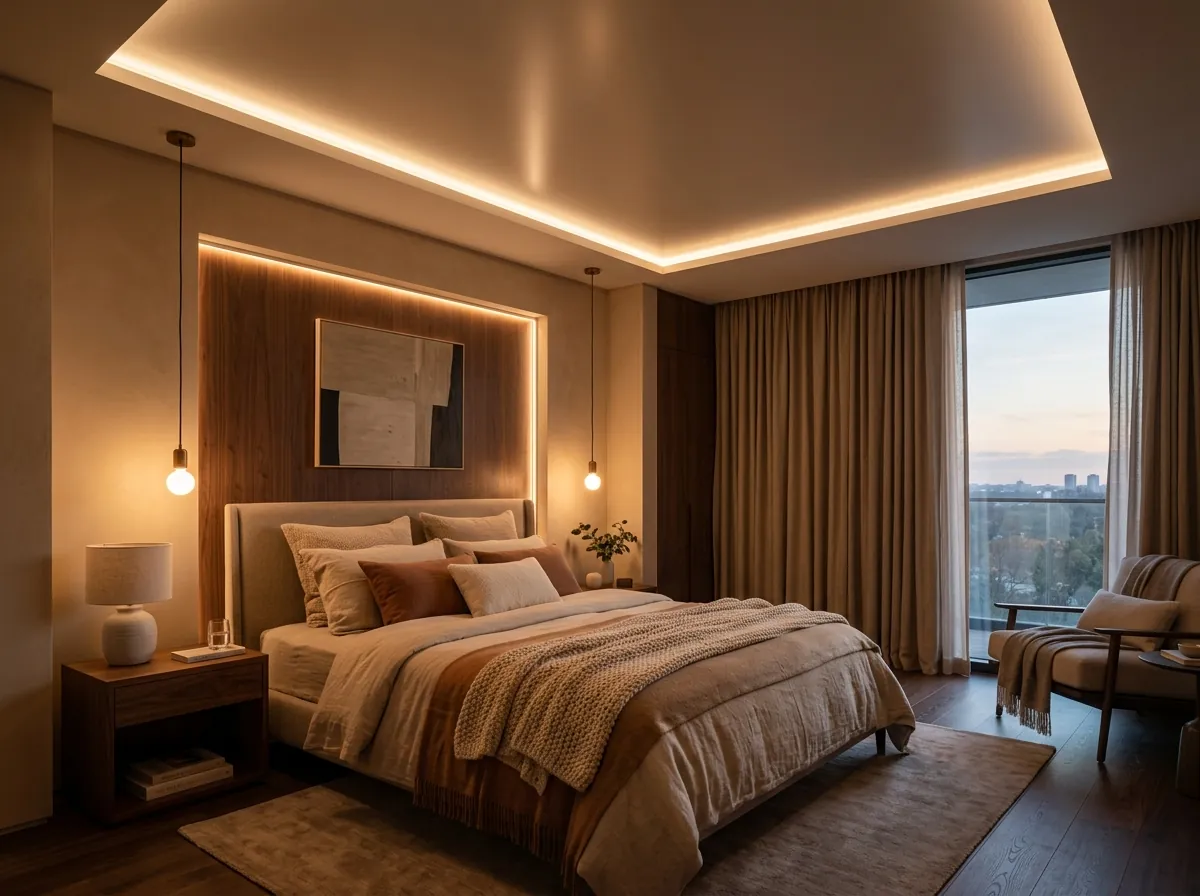 Plafon kain akustik elegan di kamar tidur utama