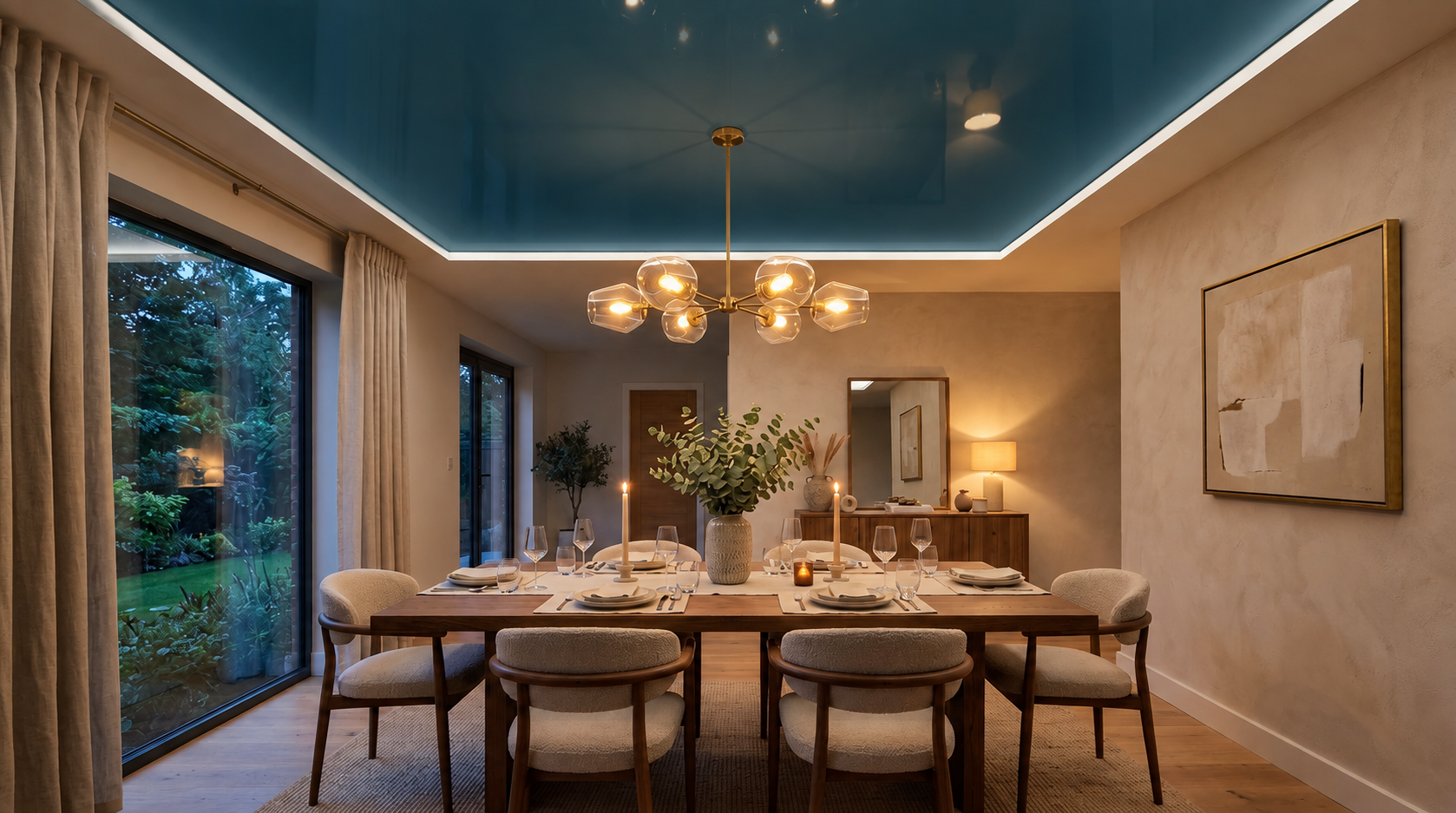 Plafon membran warna biru tua di ruang makan villa